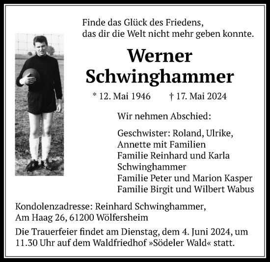 Traueranzeige von Werner Schwinghammer von Wetterauer Zeitung