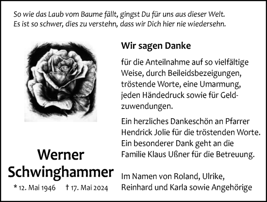 Traueranzeige von Werner Schwinghammer von Wetterauer Zeitung