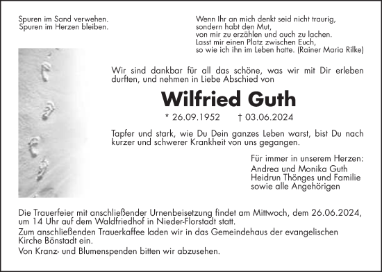 Traueranzeige von Wilfried Guth von Wetterauer Zeitung