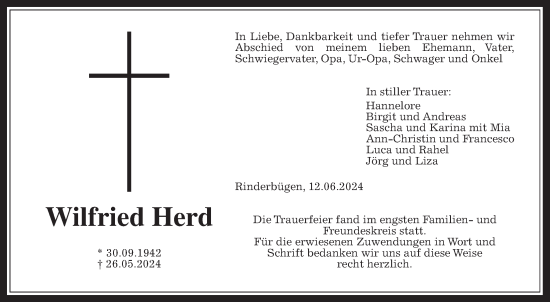 Traueranzeige von Wilfried Herd von Kreis-Anzeiger