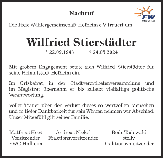 Traueranzeige von Wilfried Stierstädter 