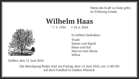 Traueranzeige von Wilhelm Haas von Giessener Allgemeine, Alsfelder Allgemeine