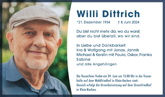 Traueranzeige von Willi Dittrich von Bad Vilbel/Karben