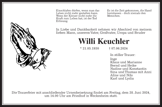 Traueranzeige von Willi Keuchler von Wetterauer Zeitung