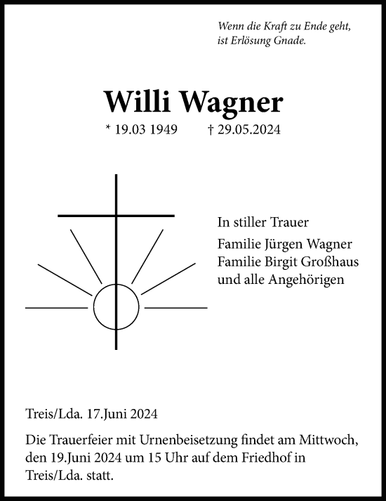 Traueranzeige von Willi Wagner von Giessener Anzeiger, Giessener Allgemeine, Alsfelder Allgemeine