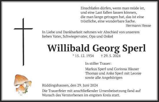 Traueranzeige von Willibald Georg Sperl von Giessener Allgemeine, Alsfelder Allgemeine