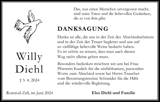 Traueranzeige von Willy Diehl von Oberhessische Zeitung