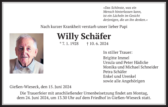 Traueranzeige von Willy Schäfer von Giessener Allgemeine, Alsfelder Allgemeine