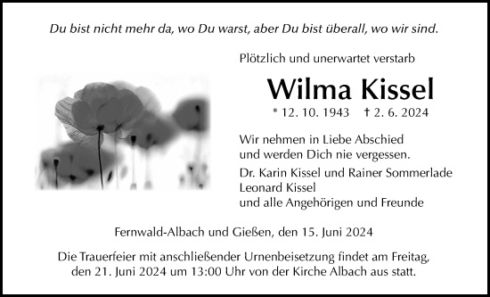 Traueranzeige von Wilma Kissel von Giessener Anzeiger, Giessener Allgemeine, Alsfelder Allgemeine