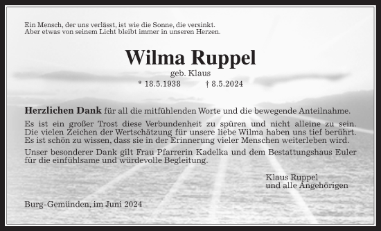 Traueranzeige von Wilma Ruppel von Giessener Allgemeine, Alsfelder Allgemeine