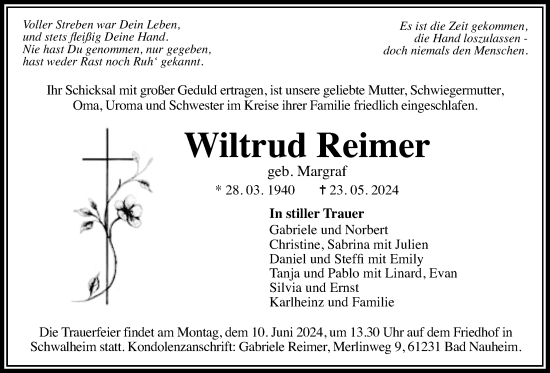 Traueranzeige von Wiltrud Reimer von Wetterauer Zeitung