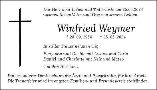 Traueranzeige von Winfried Weymer von Giessener Allgemeine, Alsfelder Allgemeine
