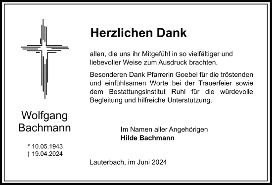 Traueranzeige von Wolfgang Bachmann von Lauterbacher Anzeiger
