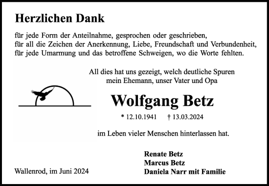 Traueranzeige von Wolfgang Betz von Lauterbacher Anzeiger