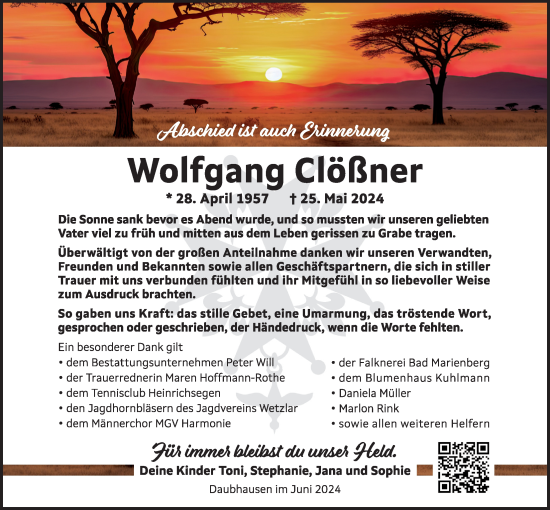 Traueranzeige von Wolfgang Clößner von Giessener Allgemeine, Alsfelder Allgemeine