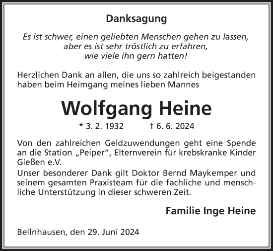 Traueranzeige von Wolfgang Heine von Giessener Anzeiger