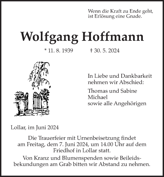 Traueranzeige von Wolfgang Hoffmann von Giessener Anzeiger, Giessener Allgemeine, Alsfelder Allgemeine