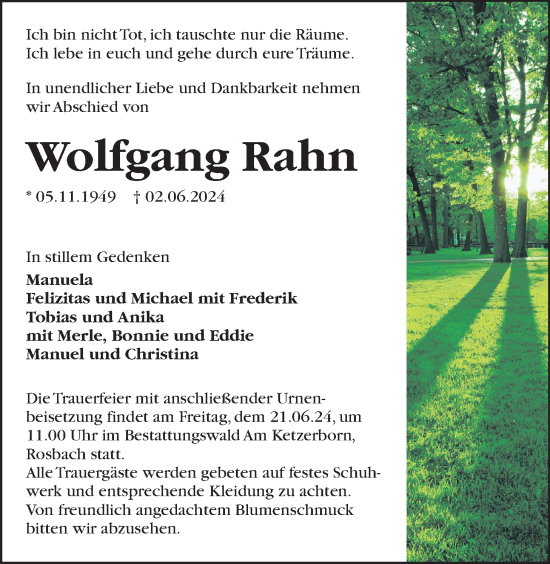 Traueranzeige von Wolfgang Rahn von Wetterauer Zeitung