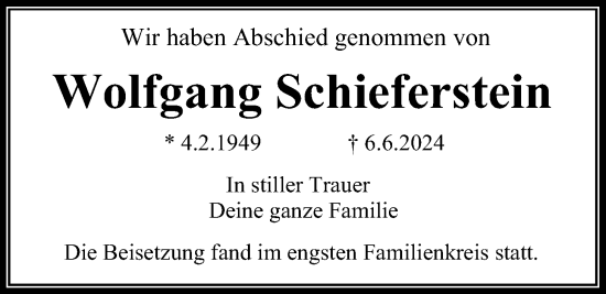 Traueranzeige von Wolfgang Schieferstein von Giessener Anzeiger, Giessener Allgemeine, Alsfelder Allgemeine