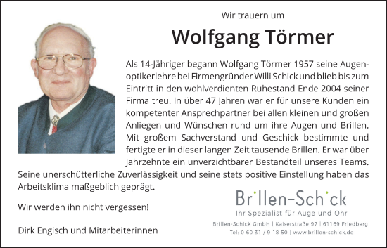 Traueranzeige von Wolfgang Törmer von Wetterauer Zeitung