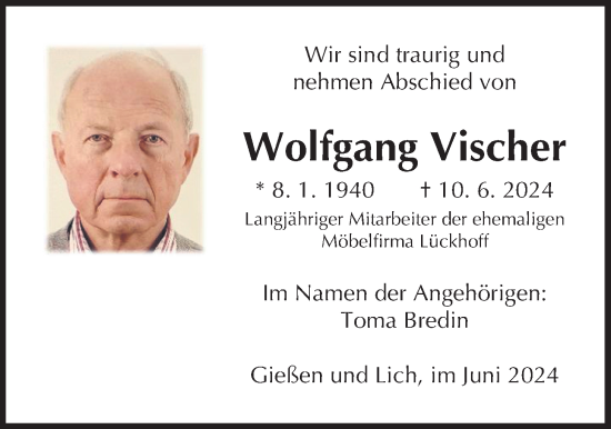 Traueranzeige von Wolfgang Vischer von Giessener Anzeiger, Giessener Allgemeine, Alsfelder Allgemeine