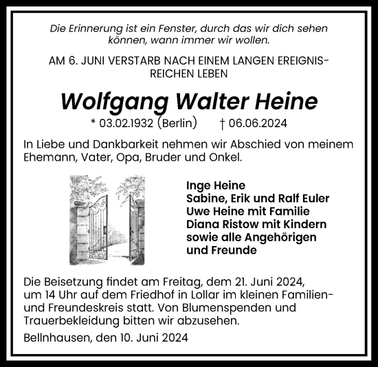 Traueranzeige von Wolfgang Walter Heine von Giessener Anzeiger