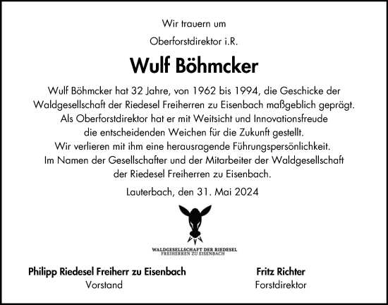 Traueranzeige von Wulf Böhmcker von Lauterbacher Anzeiger
