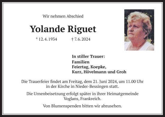 Traueranzeige von Yolande Riguet von Licher Wochenblatt