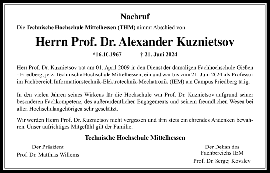 Traueranzeige von Alexander Kuznietsov von Wetterauer Zeitung, Giessener Allgemeine, Alsfelder Allgemeine, Giessener Anzeiger