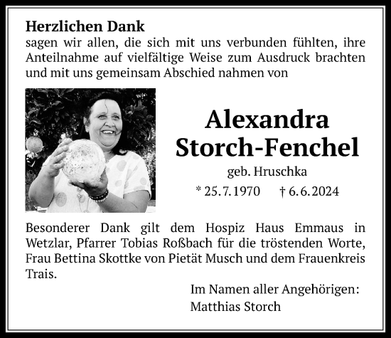 Traueranzeige von Alexandra Storch-Fenchel von Wetterauer Zeitung, Butzbacher Zeitung