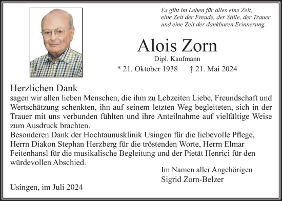 Traueranzeige von Alois Zorn von Usinger Anzeiger, Usinger Anzeigenblatt