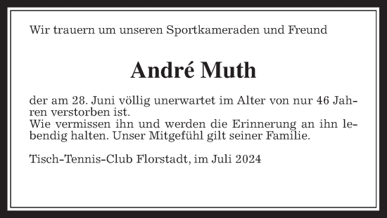 Traueranzeige von André Muth von Wetterauer Zeitung