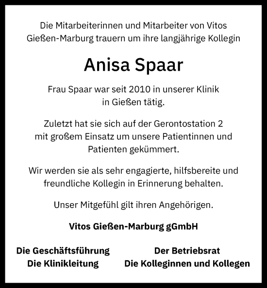 Traueranzeige von Anisa Spaar von Giessener Allgemeine, Alsfelder Allgemeine, Giessener Anzeiger