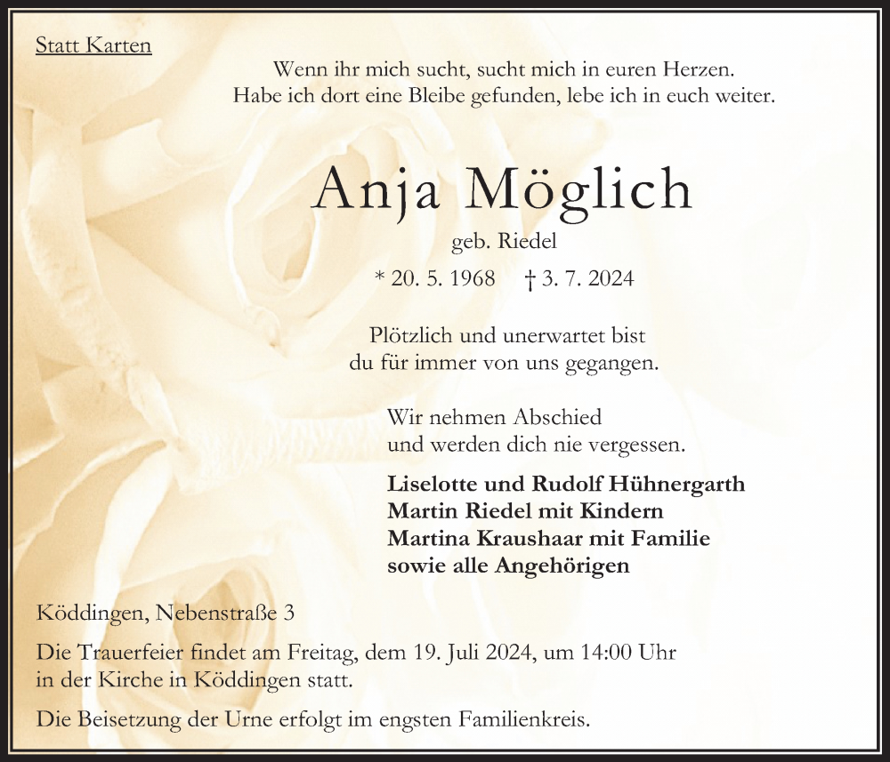  Traueranzeige für Anja Möglich vom 13.07.2024 aus Oberhessische Zeitung