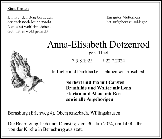 Traueranzeige von Anna-Elisabeth Dotzenrod von Lauterbacher Anzeiger, Oberhessische Zeitung