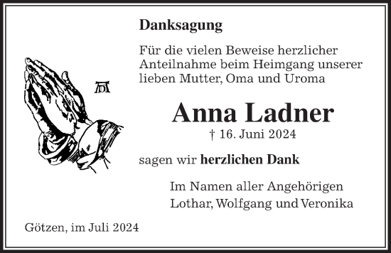 Traueranzeige von Anna Ladner von Kreis-Anzeiger