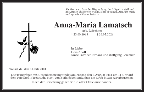 Traueranzeige von Anna-Maria Lamatsch von Giessener Allgemeine, Alsfelder Allgemeine