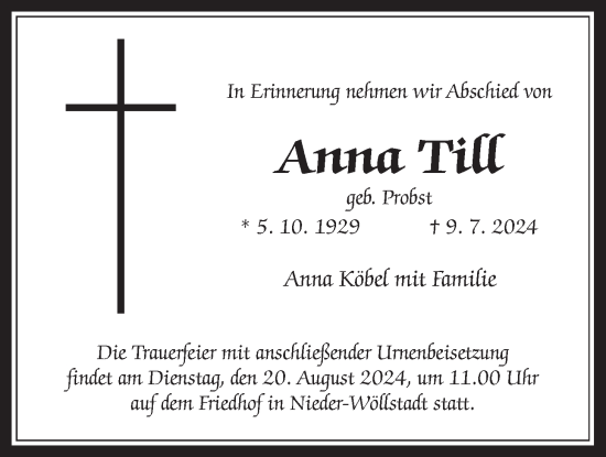 Traueranzeige von Anna Till von Wetterauer Zeitung