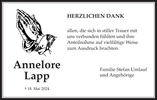 Traueranzeige von Annelore Lapp von Bad Vilbel/Karben