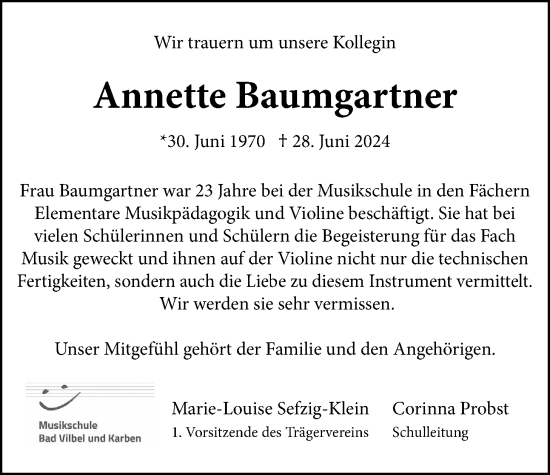 Traueranzeige von Annette Baumgartner von Wetterauer Zeitung, Bad Vilbeler Anzeiger, Karbener Zeitung, Wetterauer Zeitung