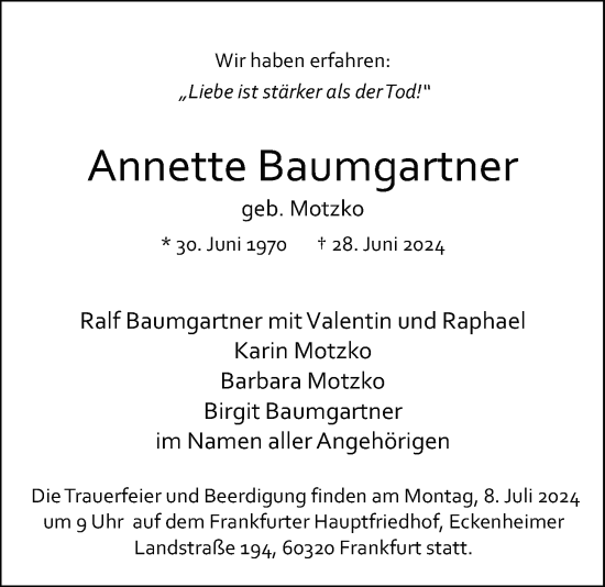 Traueranzeige von Annette Baumgartner von Wetterauer Zeitung