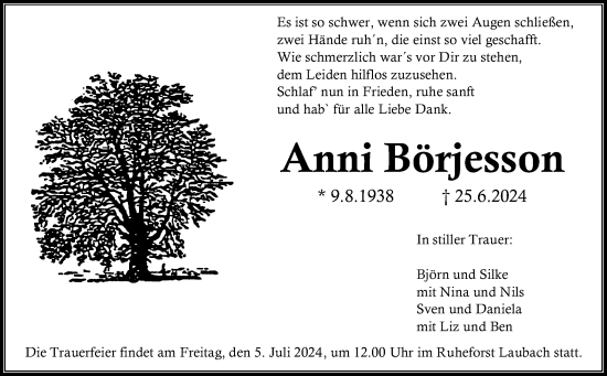 Traueranzeige von Anni Börjesson von Giessener Allgemeine, Alsfelder Allgemeine