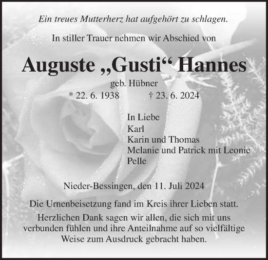 Traueranzeige von Auguste Hannes von Licher Wochenblatt