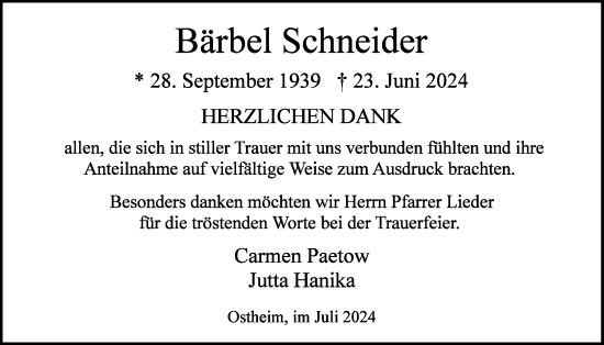 Traueranzeige von Bärbel Schneider von Butzbacher Zeitung