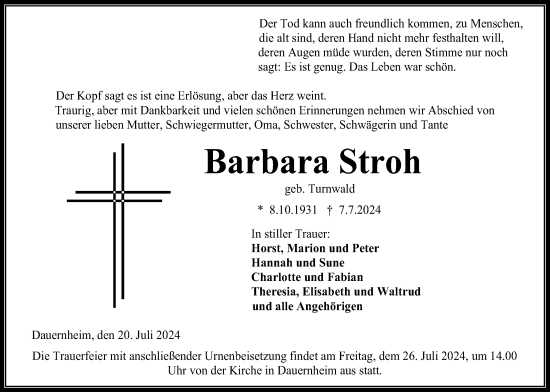 Traueranzeige von Barbara Stroh von Kreis-Anzeiger