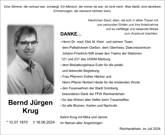 Traueranzeige von Bernd Jürgen Krug von Giessener Allgemeine, Alsfelder Allgemeine