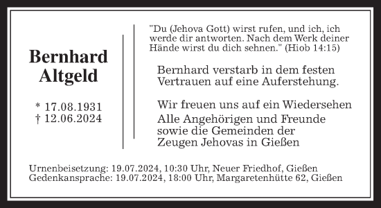 Traueranzeige von Bernhard Altgeld von Giessener Allgemeine, Alsfelder Allgemeine