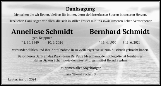 Traueranzeige von Bernhard Schmidt von Giessener Anzeiger