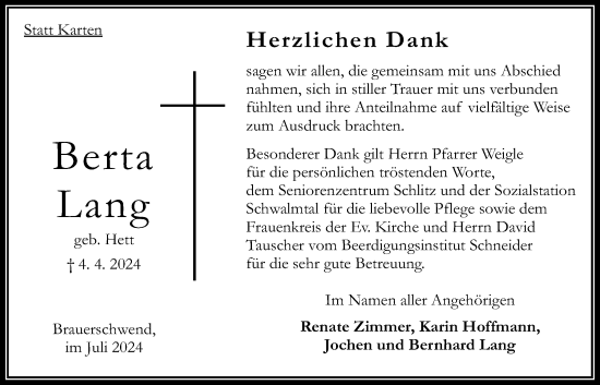 Traueranzeige von Berta Lang von Oberhessische Zeitung