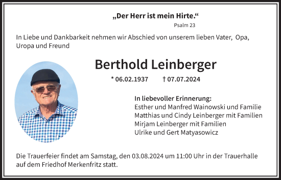 Traueranzeige von Berthold Leinberger von Kreis-Anzeiger